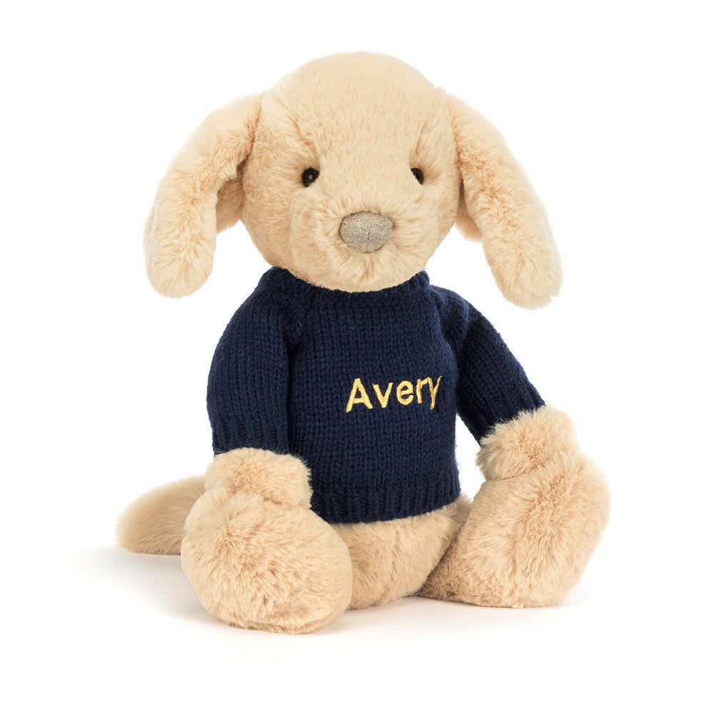 Jellycat Bashful Luxe Puppy Orlando with Personalized Navy Jumper