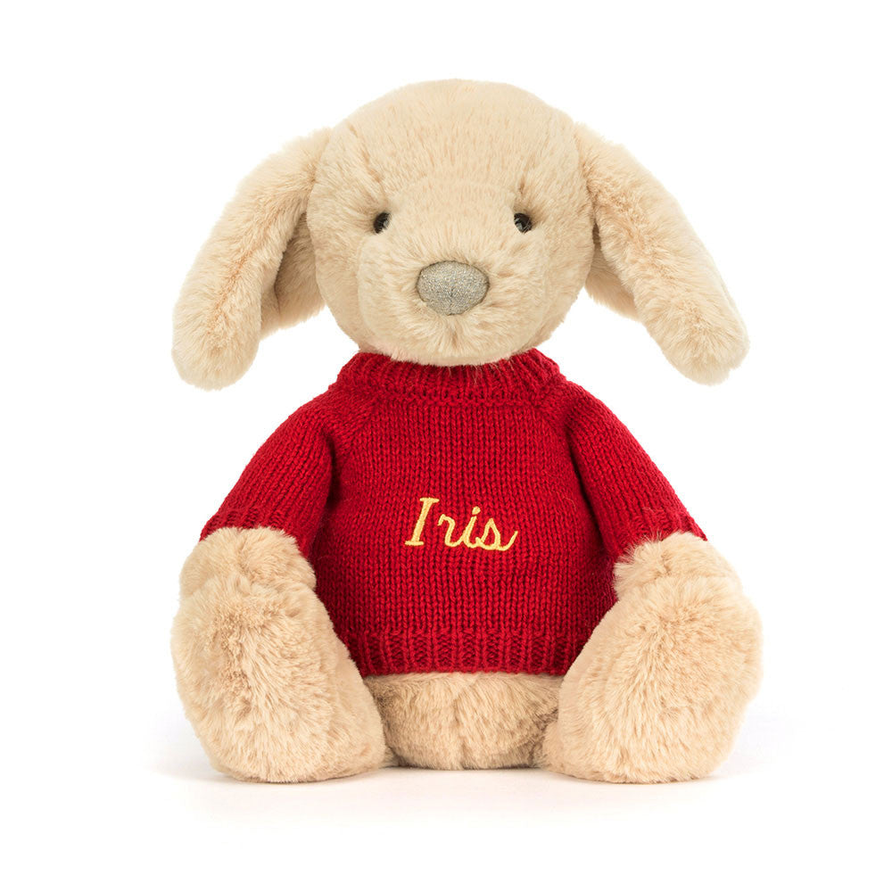 Jellycat Bashful Luxe Puppy Orlando with Personalized Red Jumper