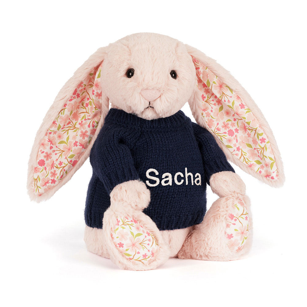Jellycat Blossom Blush Bunny 'Cherry' with Personalized Navy Jumper