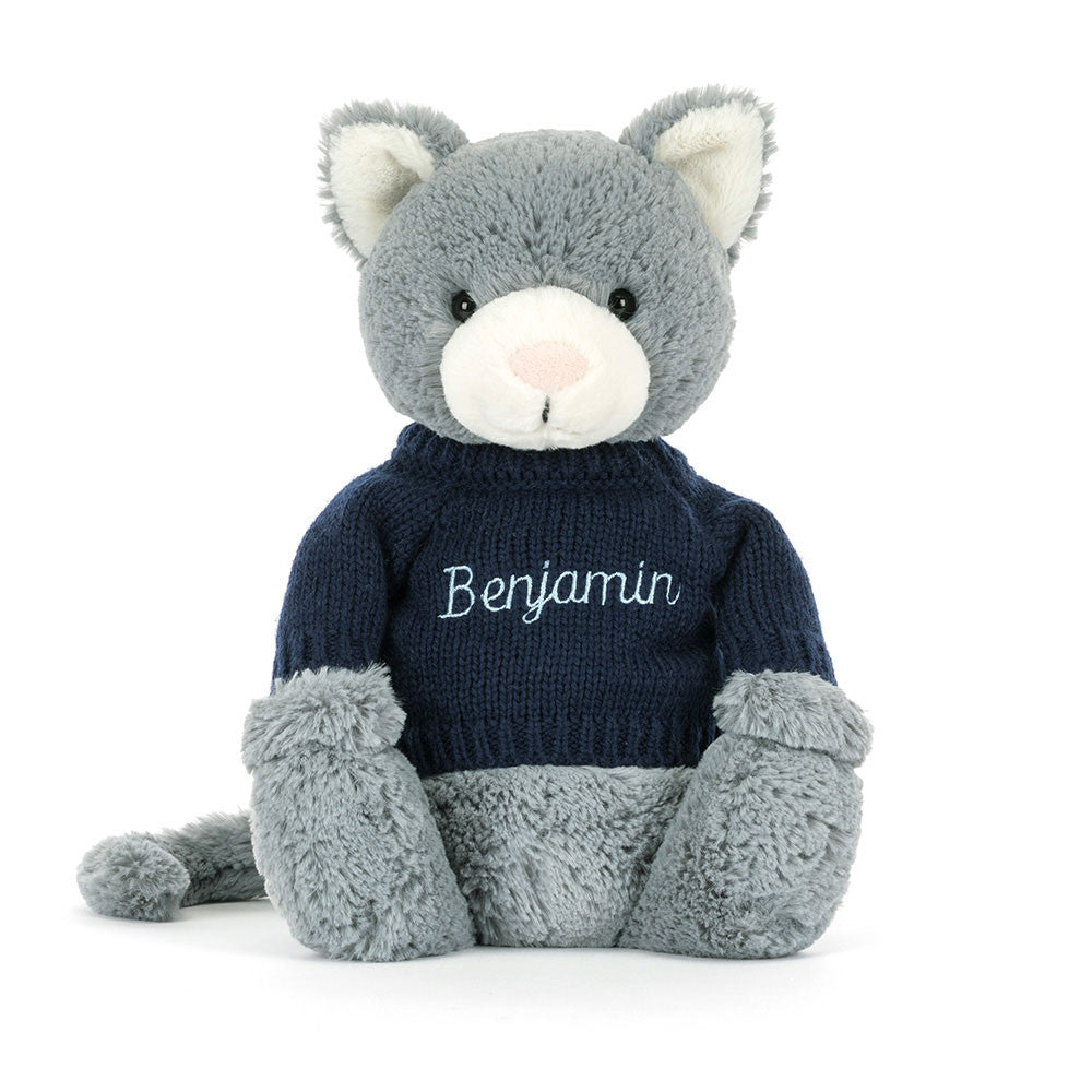 Jellycat Bashful Kitten with Personalized Navy Jumper