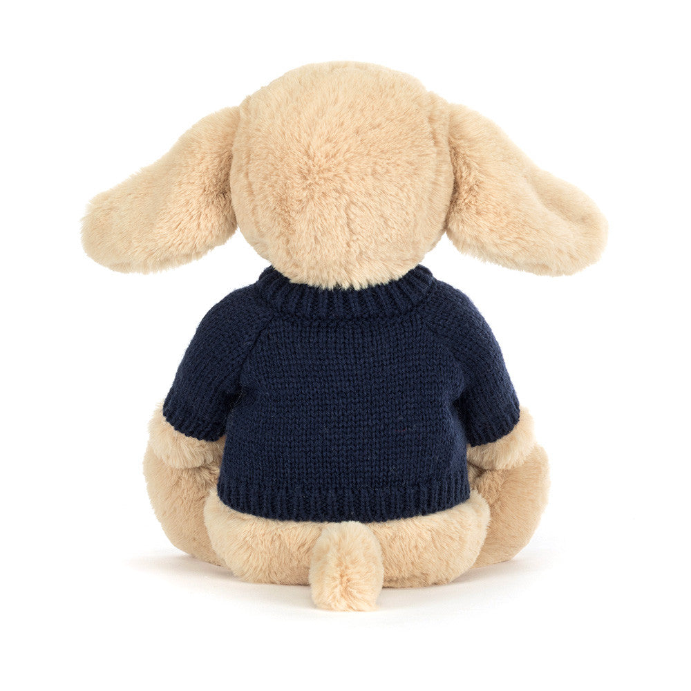 Jellycat Bashful Luxe Puppy Orlando with Personalized Navy Jumper