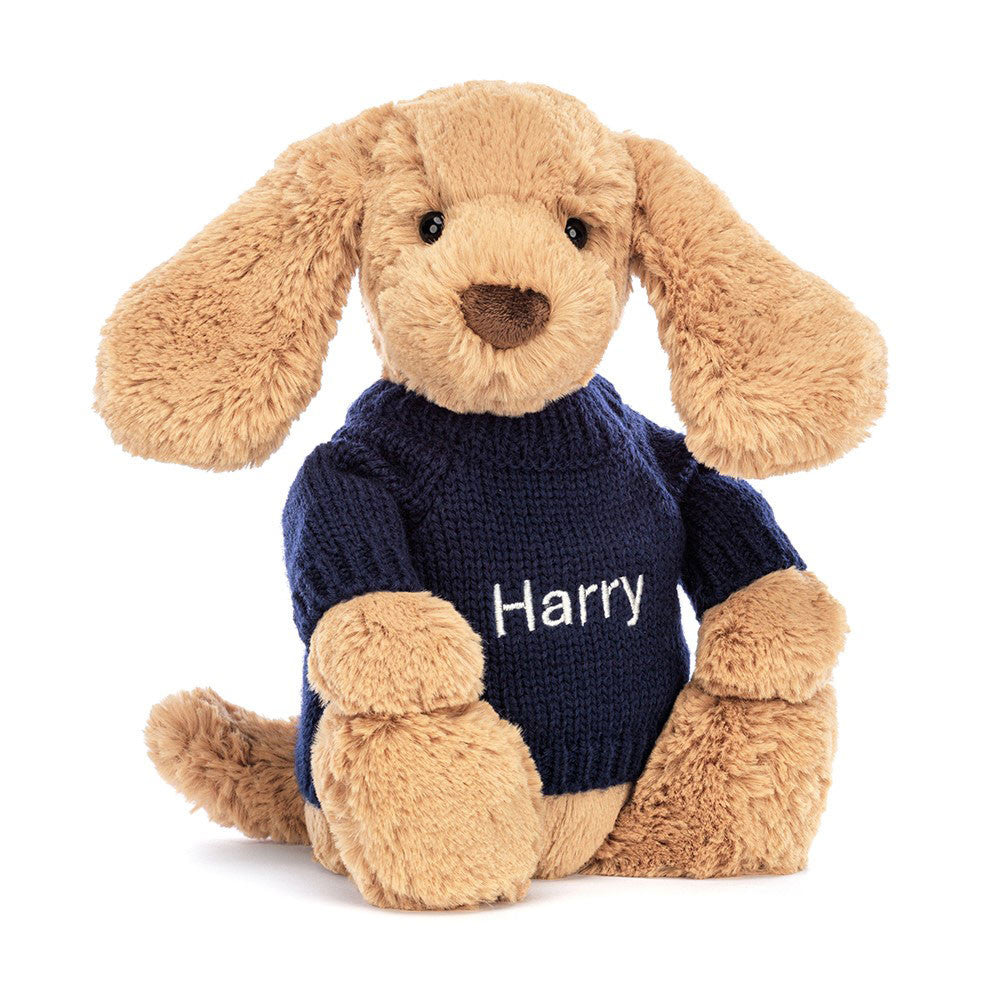 Jellycat Bashful Toffee Puppy with Personalized Navy Jumper