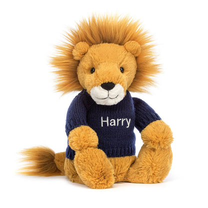 Jellycat Bashful Lion with Personalized Navy Jumper