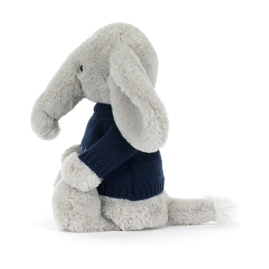 Jellycat Bashful Luxe Elephant Thuddeus with Personalized Navy Jumper