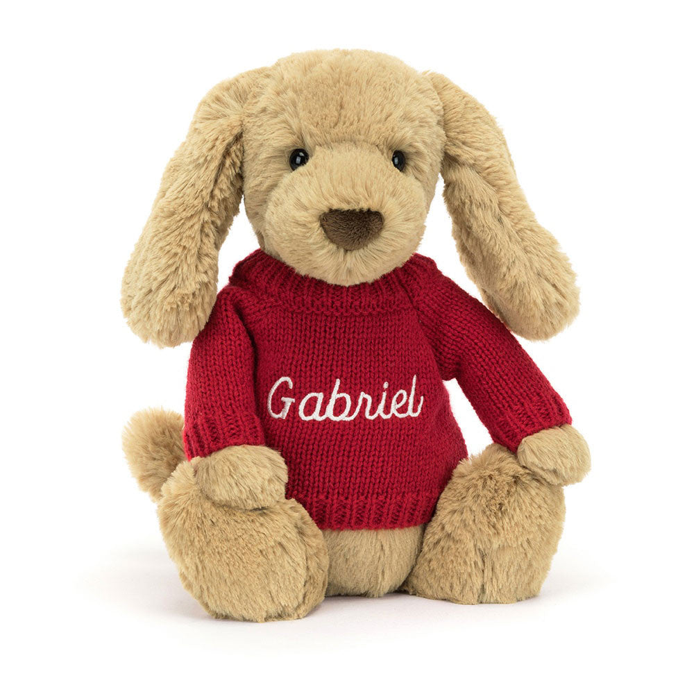 Jellycat Bashful Toffee Puppy with Personalized Red Jumper