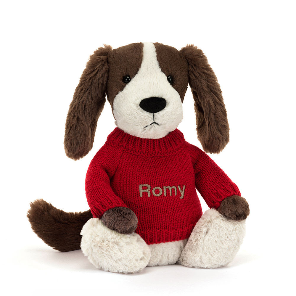 Jellycat Bashful Fudge Puppy with Personalized Red Jumper