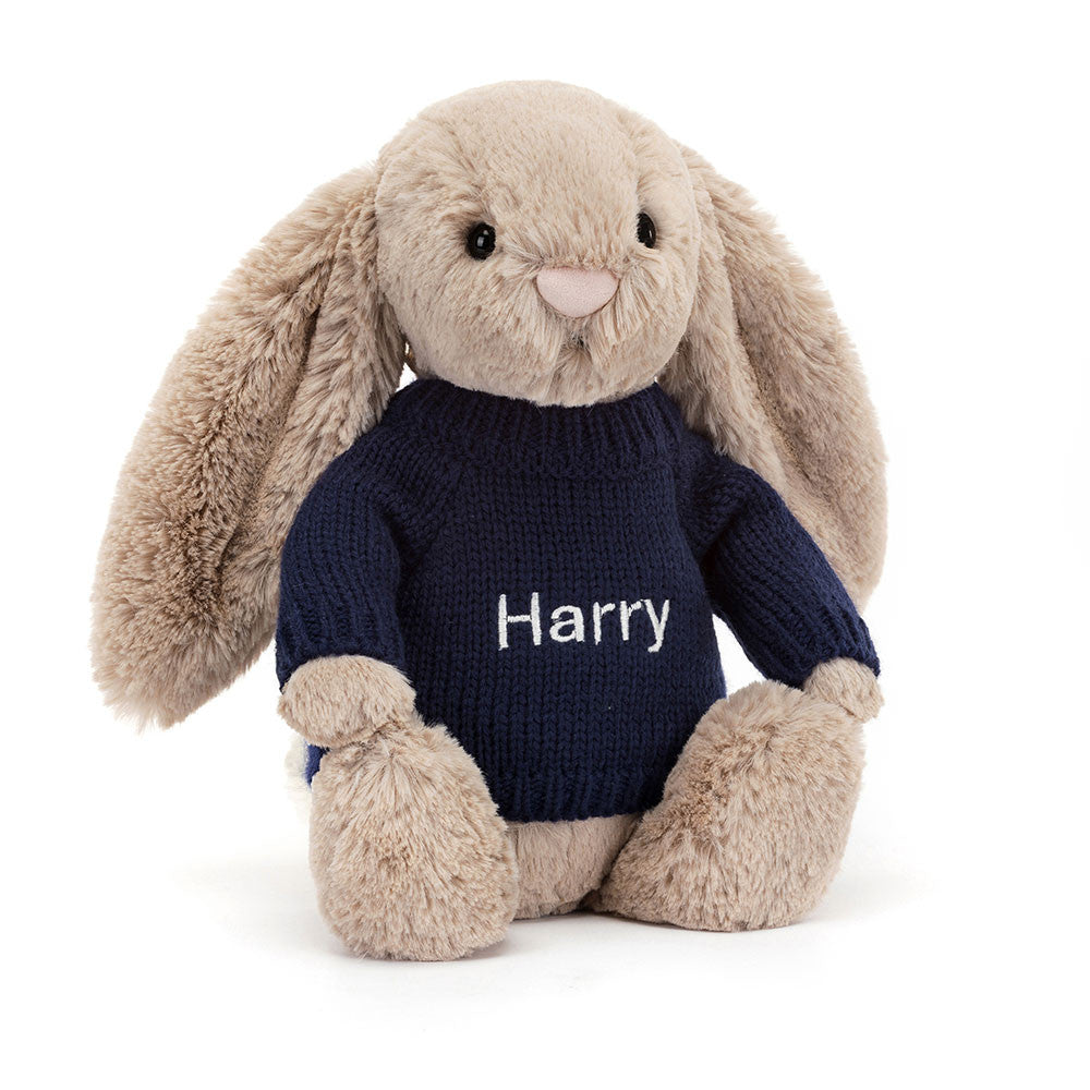 Jellycat Bashful Beige Bunny with Personalized Navy Jumper