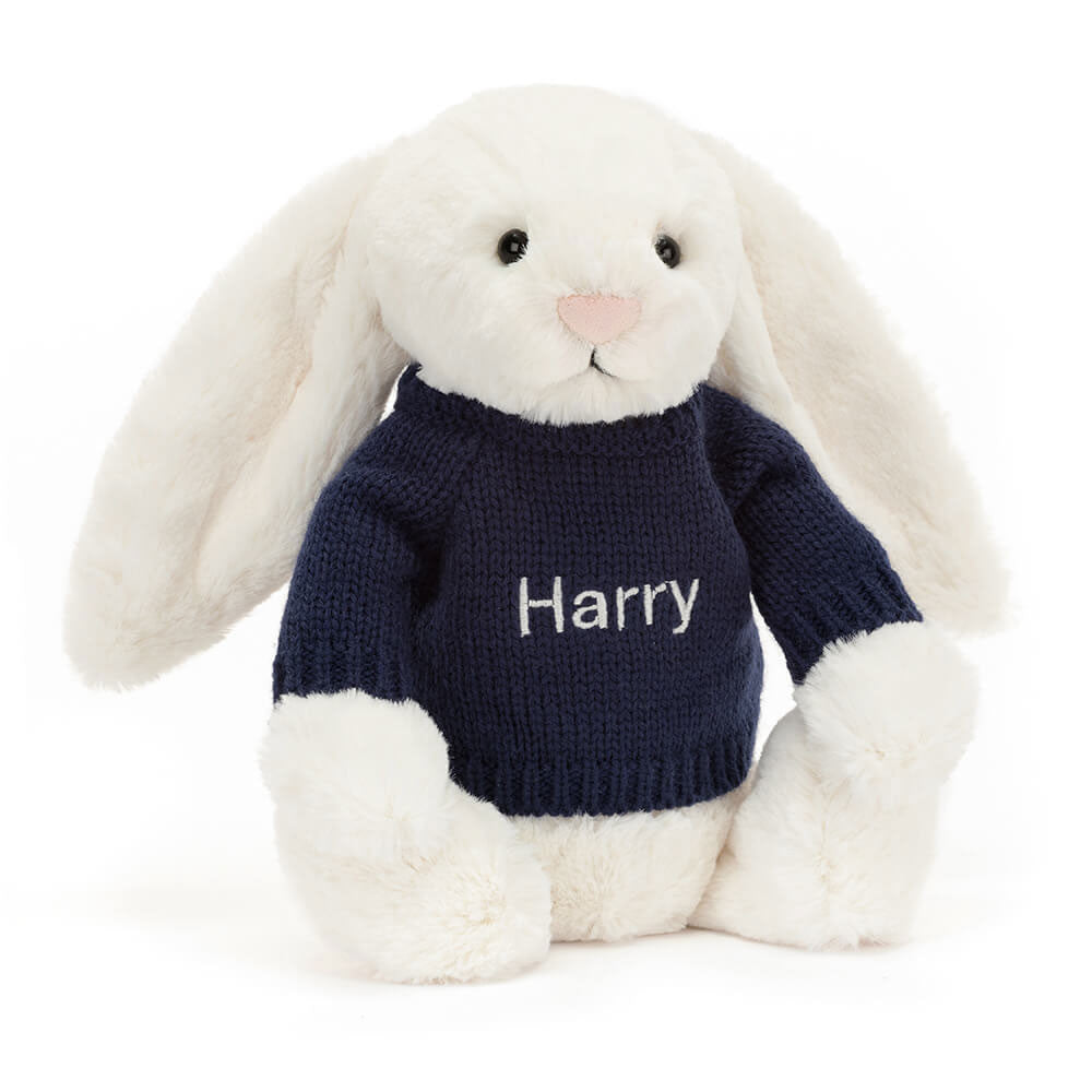 Jellycat Bashful Cream Bunny with Personalized Navy Jumper