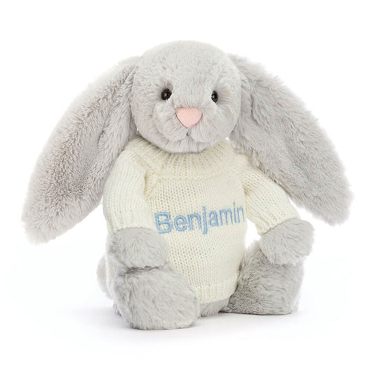 Jellycat Bashful Silver Bunny with Personalized Cream Jumper