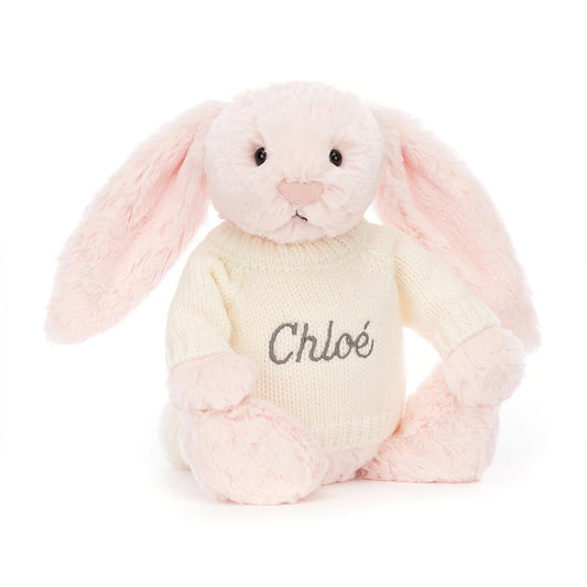 Jellycat Bashful Pink Bunny with Personalized Cream Jumper