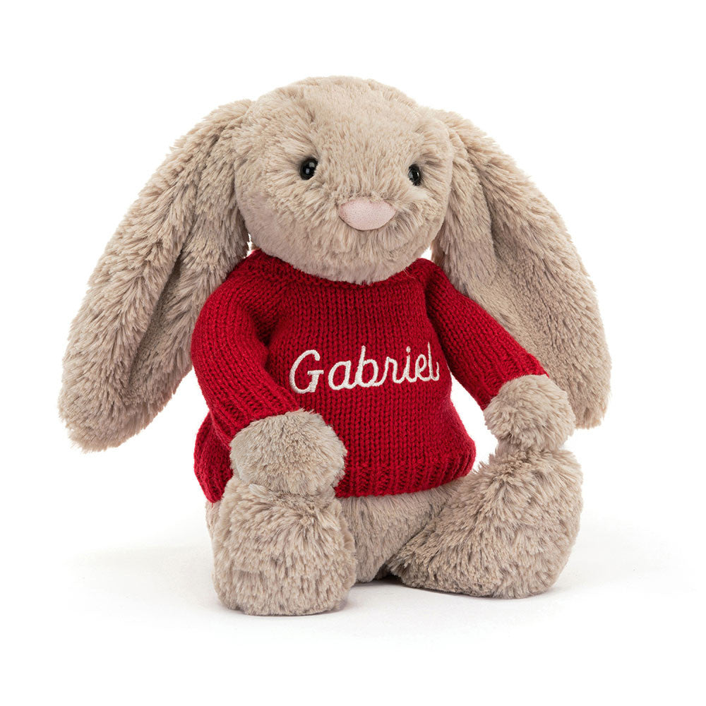 Jellycat Bashful Beige Bunny with Personalized Red Jumper