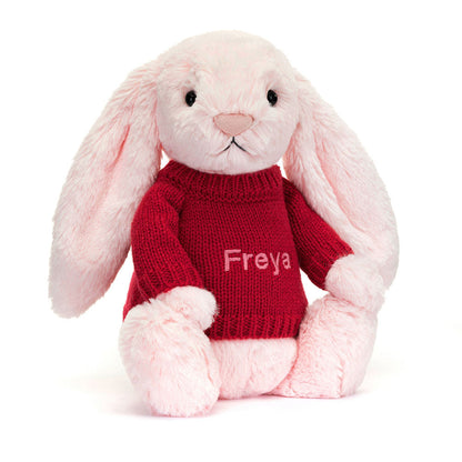 Jellycat Bashful Pink Bunny with Personalized Red Jumper