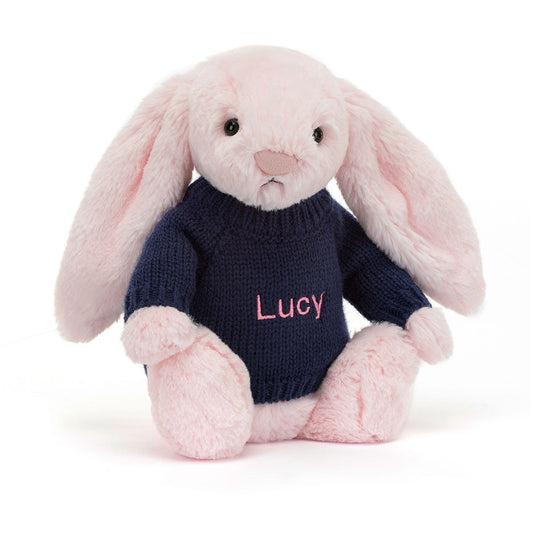 Jellycat Bashful Pink Bunny with Personalized Navy Jumper