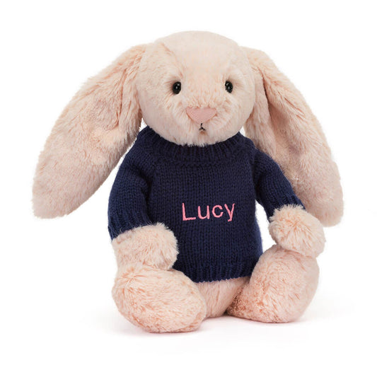 Jellycat Bashful Blush Bunny with Personalized Navy Jumper