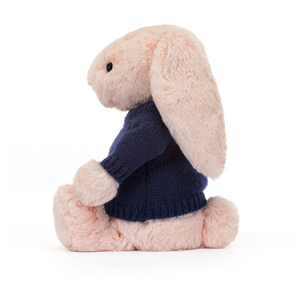 Jellycat Bashful Blush Bunny with Personalized Navy Jumper