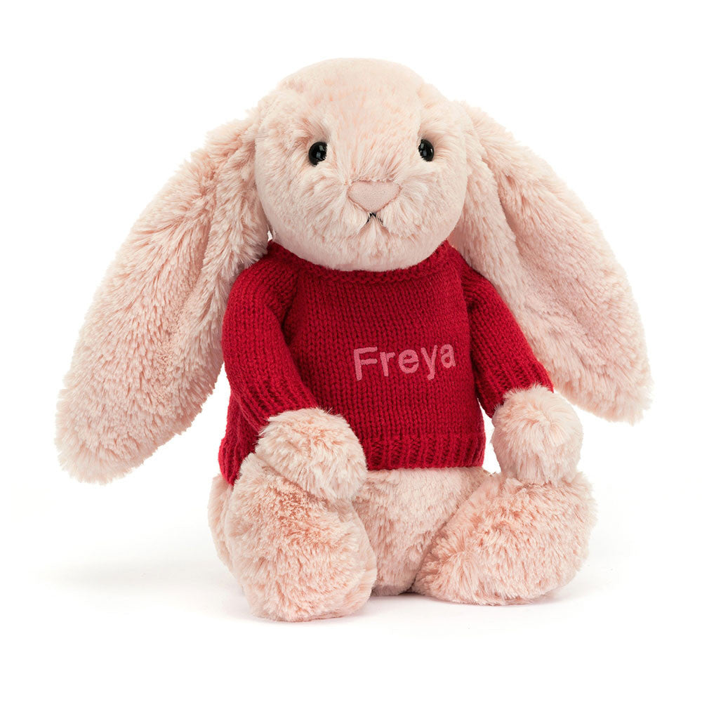 Jellycat Bashful Blush Bunny with Personalized Red Jumper