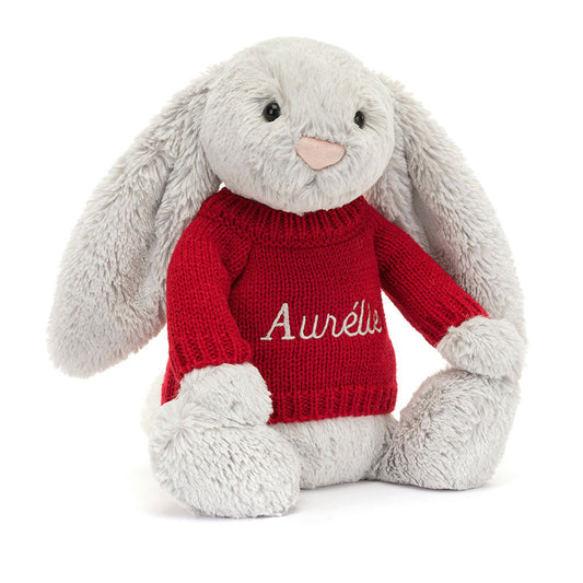 Jellycat Bashful Silver Bunny with Personalized Red Jumper
