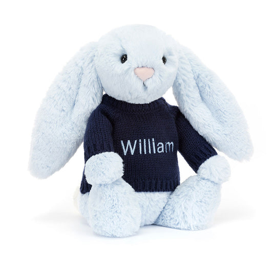 Jellycat Bashful Blue Bunny with Personalized Navy Jumper