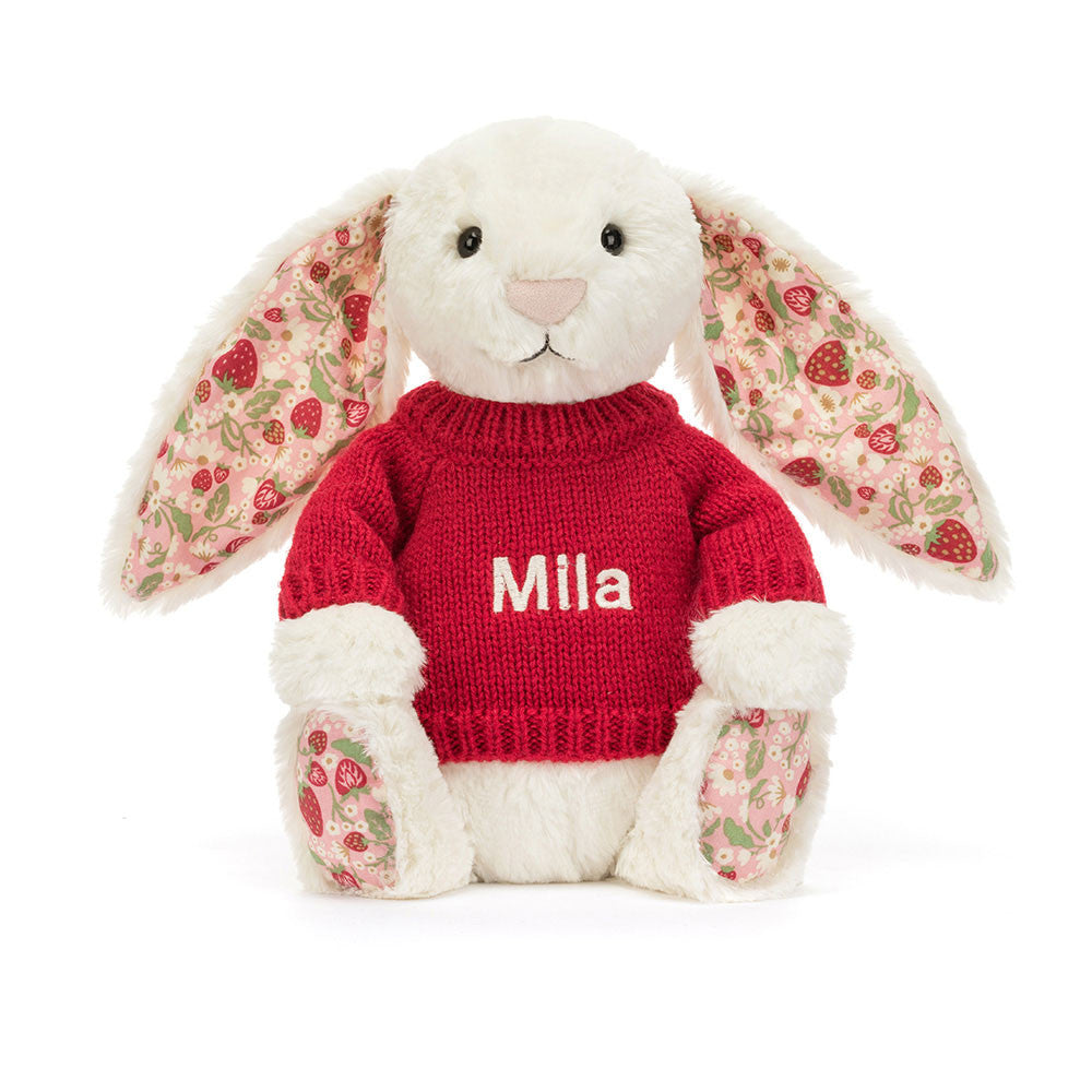 Jellycat Blossom Cream Bunny 'Berry' with Personalized Red Jumper