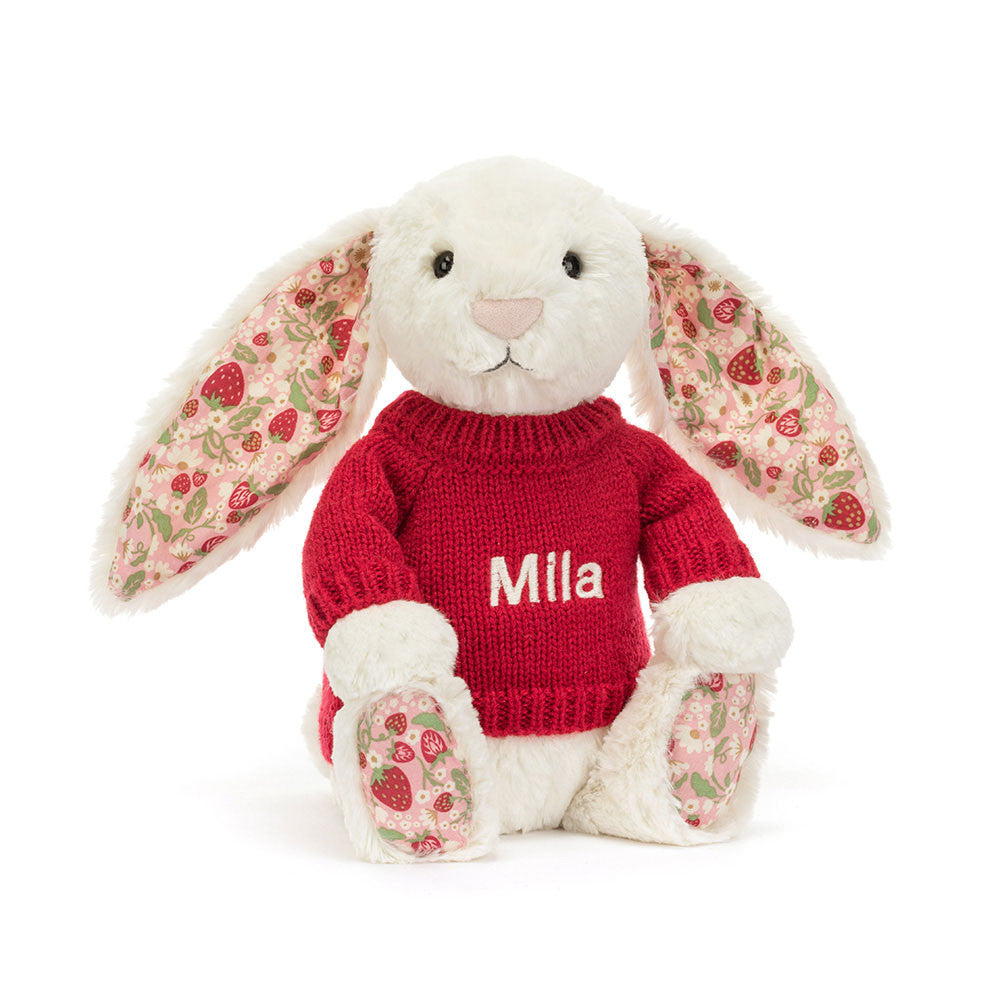 Jellycat Blossom Cream Bunny 'Berry' with Personalized Red Jumper