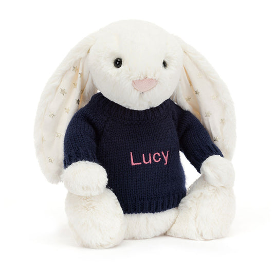 Jellycat Bashful Twinkle Bunny with Personalized Navy Jumper