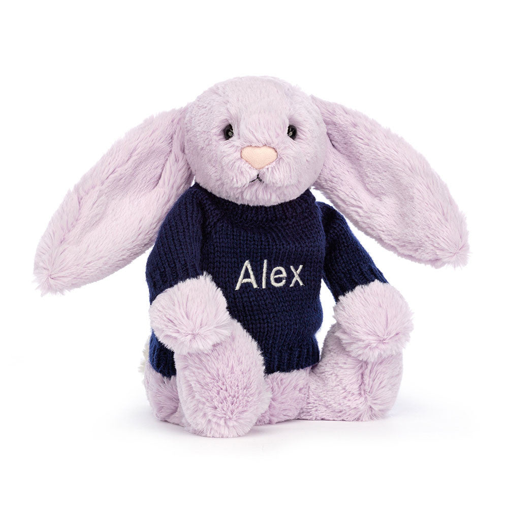 Jellycat Bashful Lilac Bunny with Personalized Navy Jumper