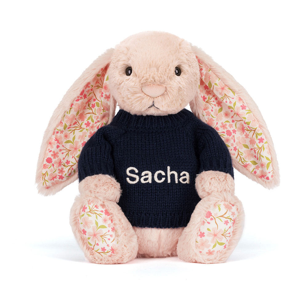 Jellycat Blossom Blush Bunny 'Cherry' with Personalized Navy Jumper
