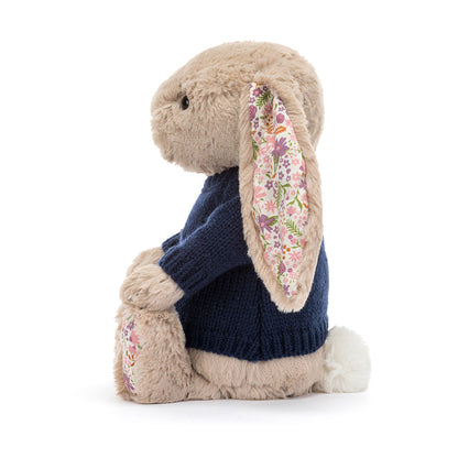 Jellycat Blossom Beige Bunny 'Petal' with Personalized Navy Jumper