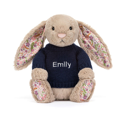 Jellycat Blossom Beige Bunny 'Petal' with Personalized Navy Jumper