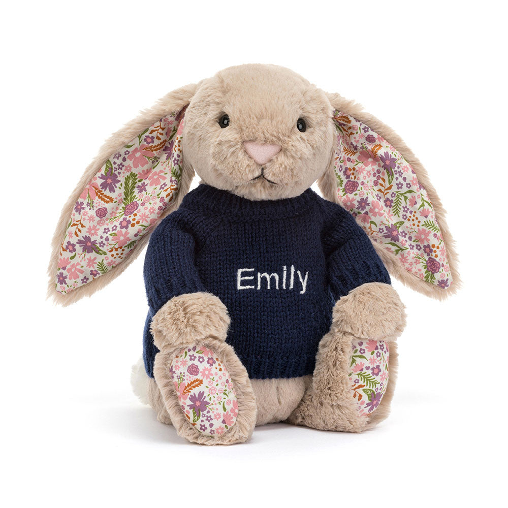 Jellycat Blossom Beige Bunny 'Petal' with Personalized Navy Jumper