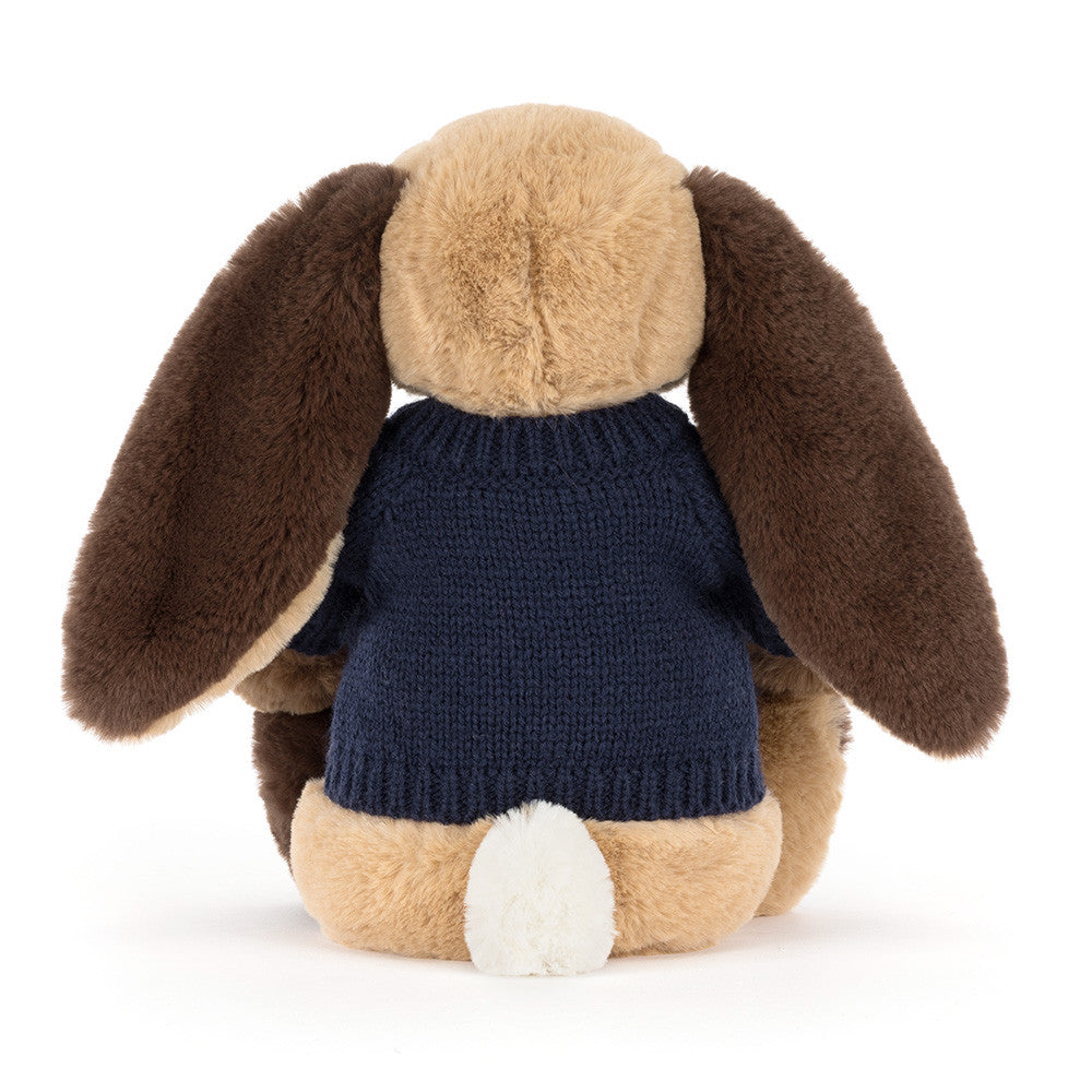 Jellycat Bashful Patchwork Brown Bunny with Personalized Navy Jumper