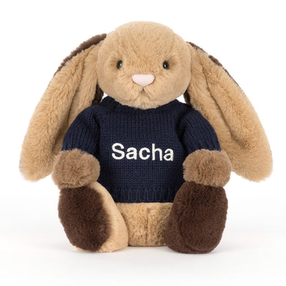 Jellycat Bashful Patchwork Brown Bunny with Personalized Navy Jumper