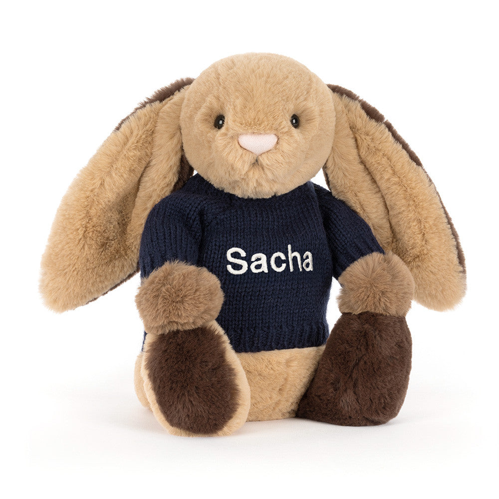 Jellycat Bashful Patchwork Brown Bunny with Personalized Navy Jumper