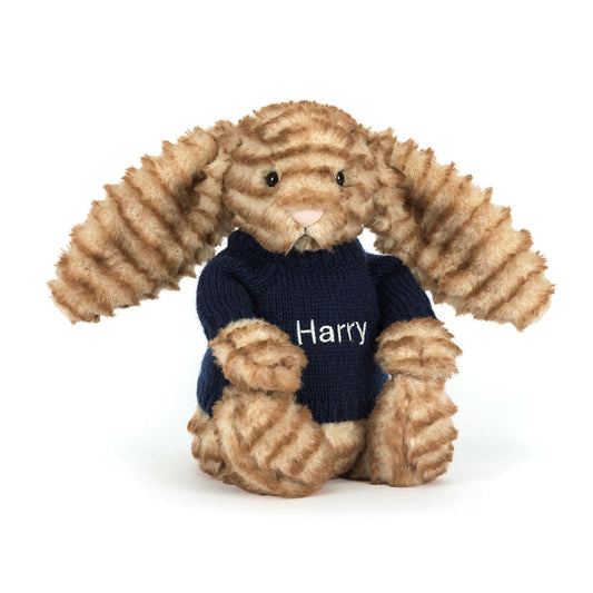 Jellycat Bashful Luxe Bunny Juniper with Personalized Navy Jumper