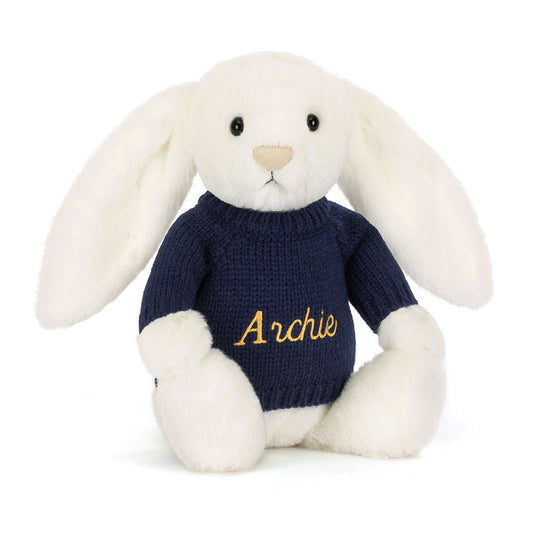 Jellycat Bashful Luxe Bunny Luna with Personalized Navy Jumper