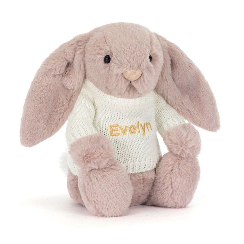Jellycat Bashful Luxe Bunny Rosa with Personalized Cream Jumper