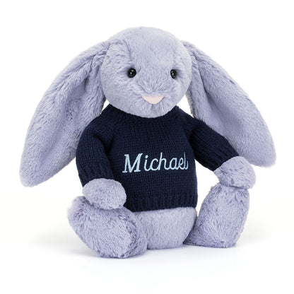 Jellycat Bashful Viola Bunny with Personalized Navy Jumper