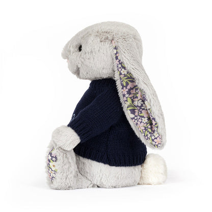 Jellycat Blossom Silver Bunny 'Bloom' with Personalized Navy Jumper