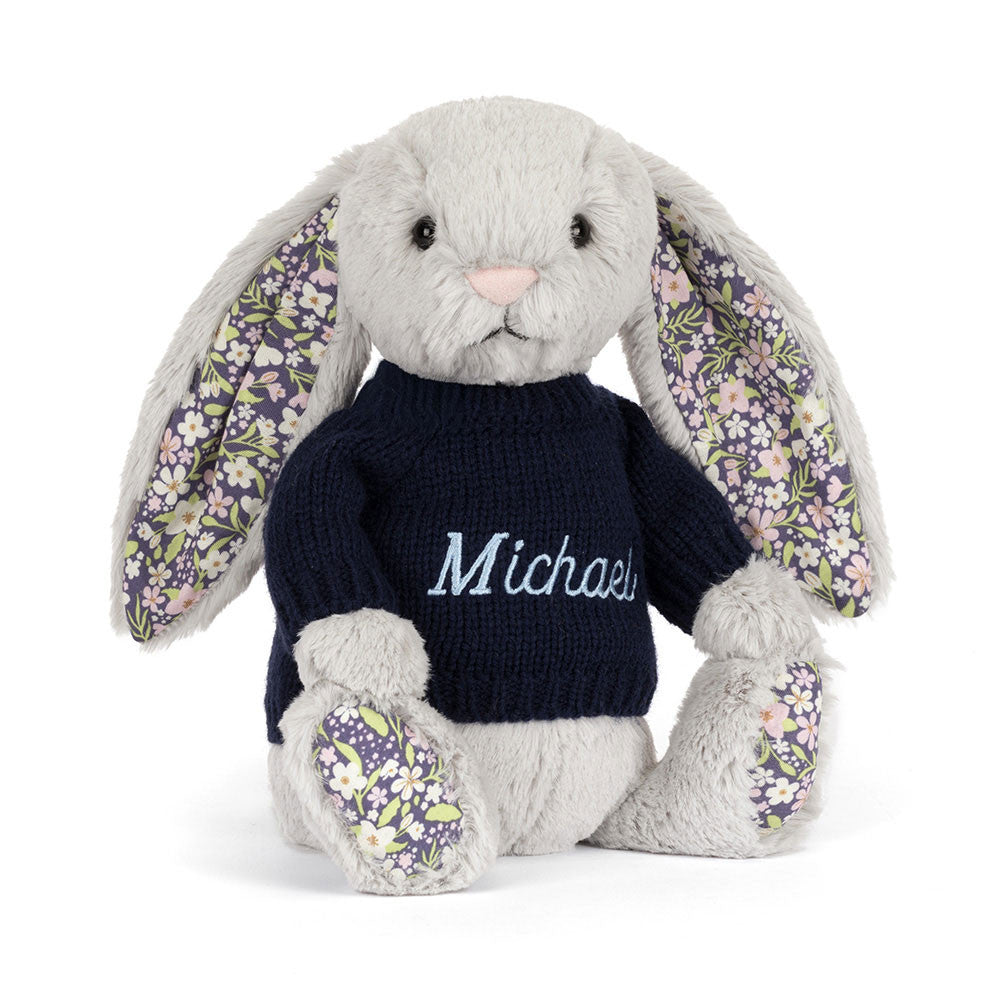 Jellycat Blossom Silver Bunny 'Bloom' with Personalized Navy Jumper