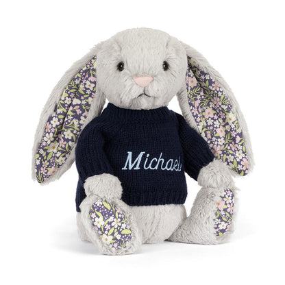 Jellycat Blossom Silver Bunny 'Bloom' with Personalized Navy Jumper