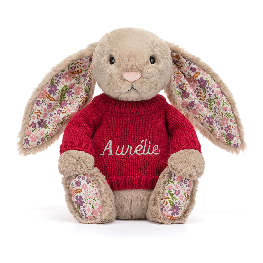 Jellycat Blossom Beige Bunny 'Petal' with Personalized Red Jumper