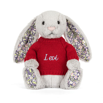 Jellycat Blossom Silver Bunny 'Bloom' with Personalized Red Jumper