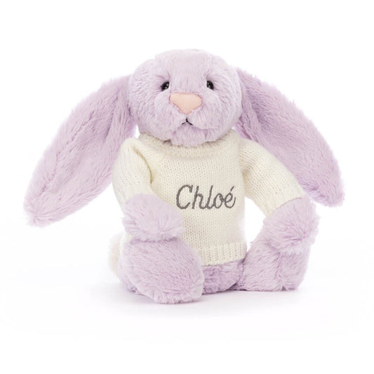 Jellycat Bashful Lilac Bunny with Personalized Cream Jumper