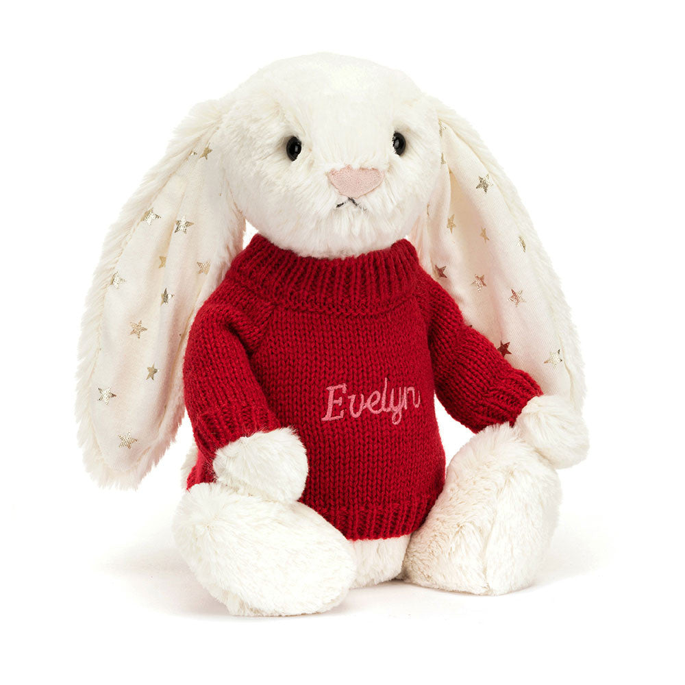 Jellycat Bashful Twinkle Bunny with Personalized Red Jumper